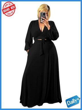 Plus Size 2 Piece Outfits Long Sleeve Wrap Crop Top Maxi Dress Matching Sets